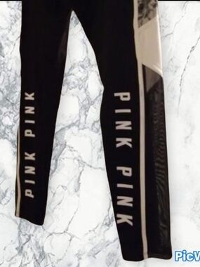 PINK Victoria's Secret Black Leggings with Pink Logo Stripe
